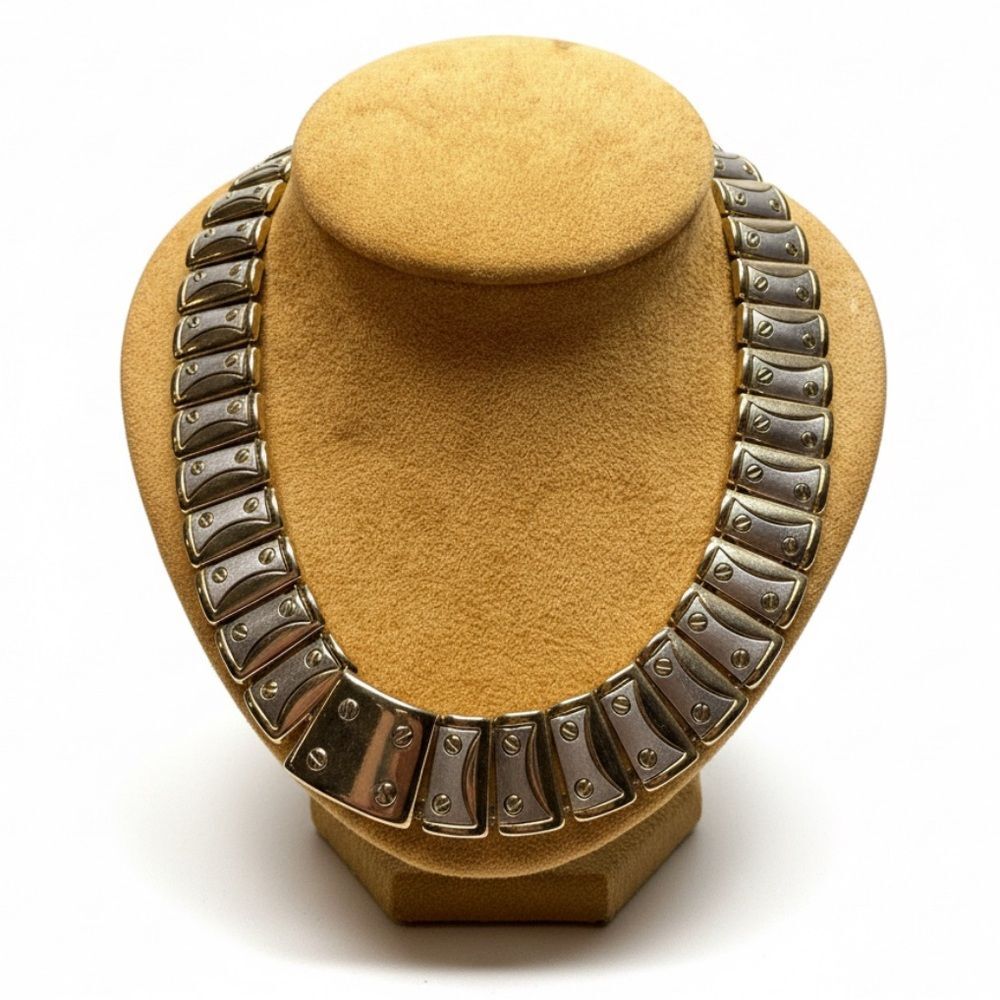 Vintage 1980s Cleopatra Collar Necklace Silver Gold Tone Statement